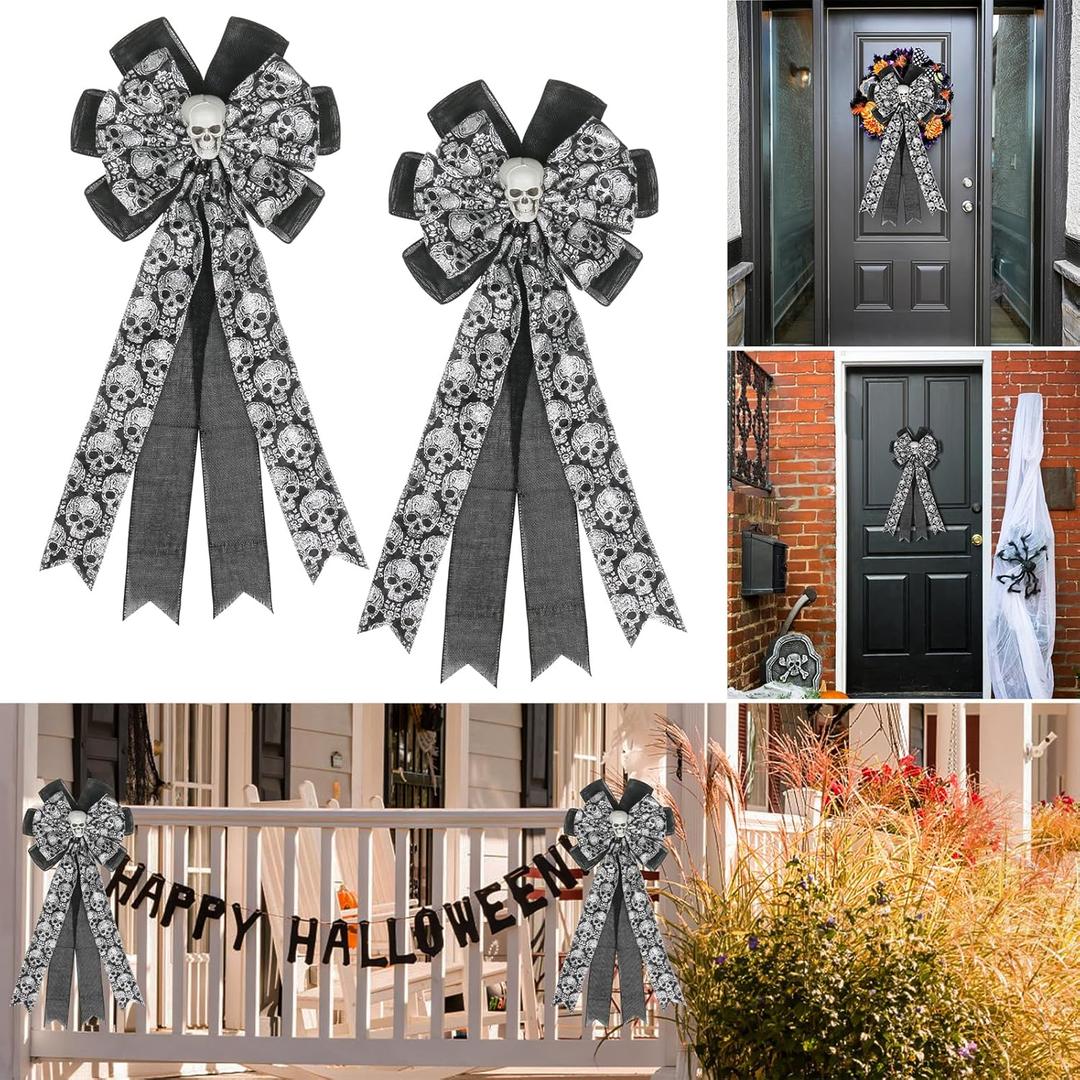 Super Holiday Halloween Decorations, 2PCS Black Halloween Skull Bow Wreaths for Front Door, for Wall Home Porch Party Indoor Outdoor Holiday Decor