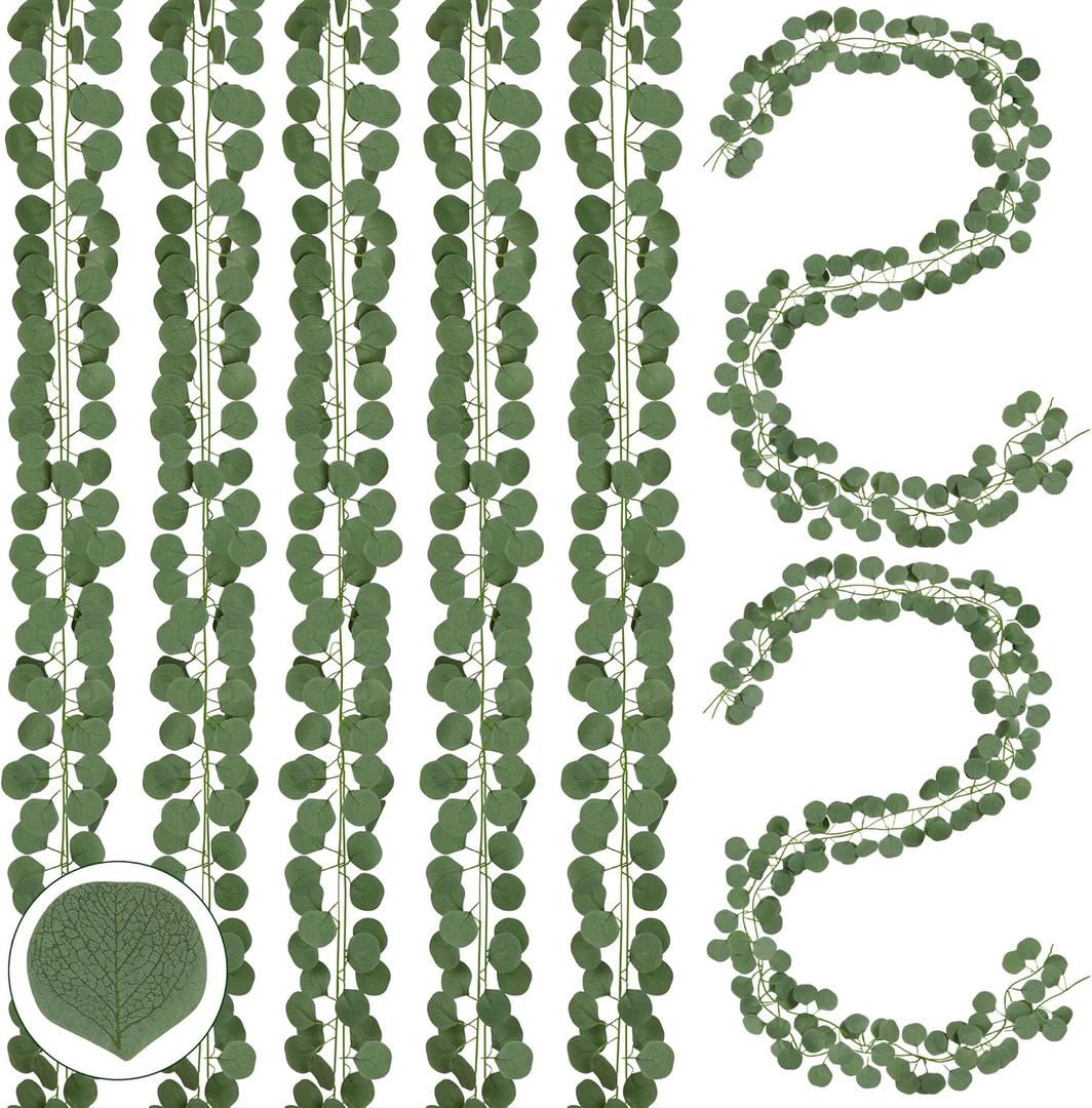 Sggvecsy 16Pcs Artificial Eucalyptus Garland Greenery Leaves Silk Vines Silver Dollar Leaves Faux Leaf Plants for Wedding Wall Table Party Home Fireplace Bedroom Decor