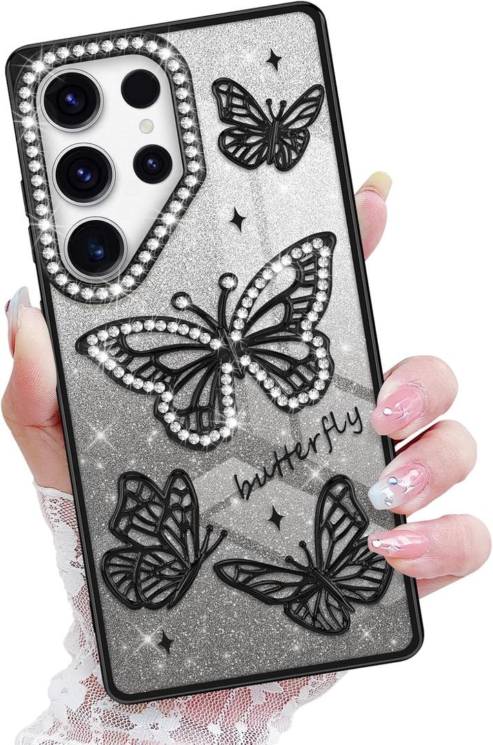 Newseego for Samsung Galaxy S25 Ultra Case, Luxury Cute Bling 3D Butterfly Gradient Glitter Plating Case for Women Girls Soft TPU Bumper Shockproof Protective Cover for Samsung Galaxy S25 Ultra-Black
