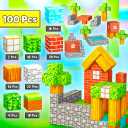 NMStore Magnetic Blocks - Build Mine Magnet World Edition - 100PCS + 3 Figures (with Accessories) + Gift Bag - for Toddlers Gifts for 3+ Years Old Girls Boys | 1" Magnet Cubes