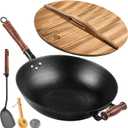 WANGYUANJI Cast Iron Wok Pan with Lid, 13.4 Inch Flat Bottom Uncoated Stir Fry Skillet, Traditional Chinese Iron Pot for 3-5 People, Detachable Walnut Handle, Compatible with Induction & Gas Stoves