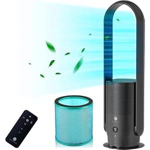 U ULTTY Bladeless Tower Fan and Air Purifier in one, Quiet Tower Fan with Remote, Touch, 9 Speeds, 8H Timer, HEPA Filter 99.97%, 90° Oscillation Fans, Floor Fans Powerful for Home Office Room, Black