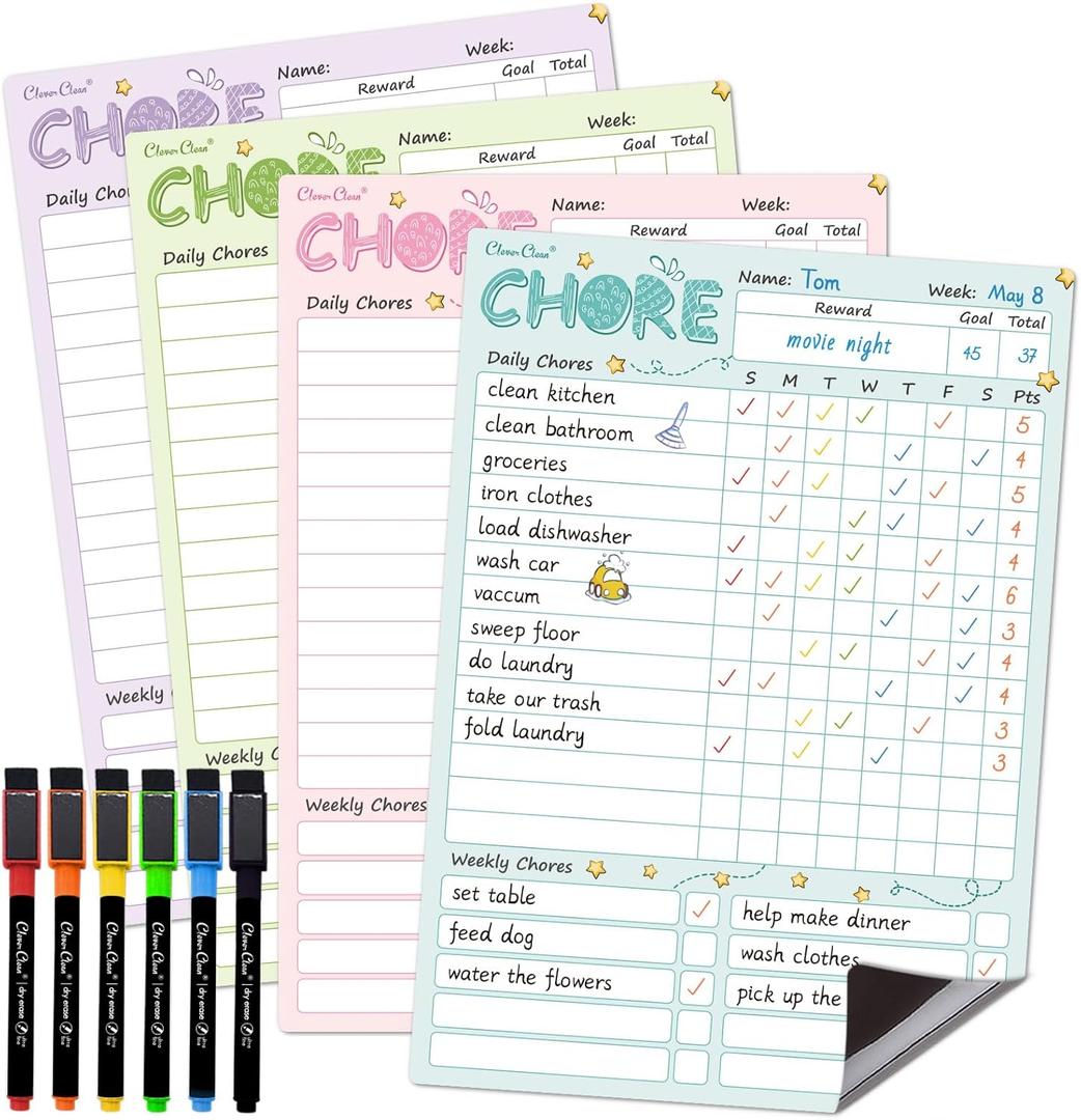 Magnetic Dry Erase Chore Chart - 8.5"x12" Behavior Responsibility Chore Board for Kids, Teenagers - 6 Extra Fine Point Markers Included - Shipped Flat 4 Pcs (Blue+pink+green+purple)