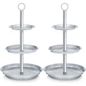 Umigy 2 Packs Galvanized 3 Tier Stand Farmhouse 3 Tier Cupcake Serving Tray Metal Dessert Seafood Display Tower Steel Pastry Holders for Tea Party Wedding Decoration