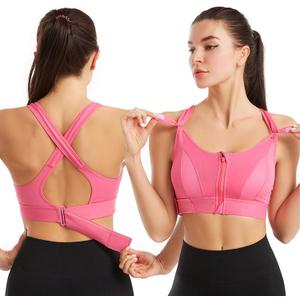 Women Zip Front Sports Bra Racerback Tank Top Wireless Paded Yoga Workout Running Bras (Pink, M)