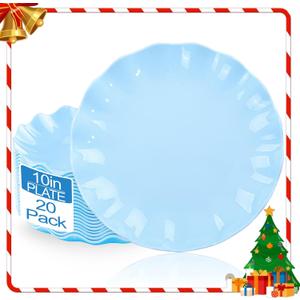 LIYH 20 Pcs 10 Inch Light Blue Plastic Plates Reusable - Unbreakable Scalloped Dinner Plates for Baby Shower Party Outdoor Picnics Dishwasher Safe BPA Free