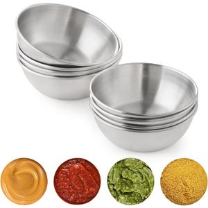 8 PCS Stainless Steel Mini Soy Sauce Dish, Small Individual Round Seasoning Bowls, Dipping Sauce Bowl, Ingredient Bowls for Prep Appetizer Plates, (4PCS 3.5 inch & 4PCS 3.2 inch)