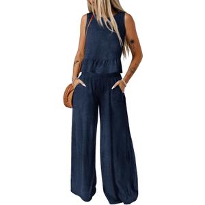 Dokotoo Pants Sets Women 2 Piece Outfits Sleeveless Round Neck Tank Tops Matching Sets for Women Elastic Waist Wide Leg (Large, Blue)