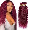 Color #99J Burgundy Human Hair Bundles Wine Red Water Wave 3 Bundles Human Hair 26 28 30 Inch 50G Double Weft Grade 12A Unprocessed Virgin Remy Hair Extensions 50g Per Bundle
