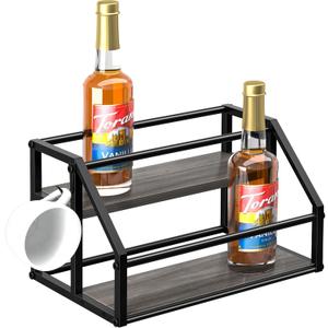 Coffee Syrup Rack Organizer, Syrup Bottle Holder Stand for Coffee Bar, 2-Tier 8 Bottles Storage Shelves for Syrup, Wine, Dressing for Kitchen Countertop, Grey