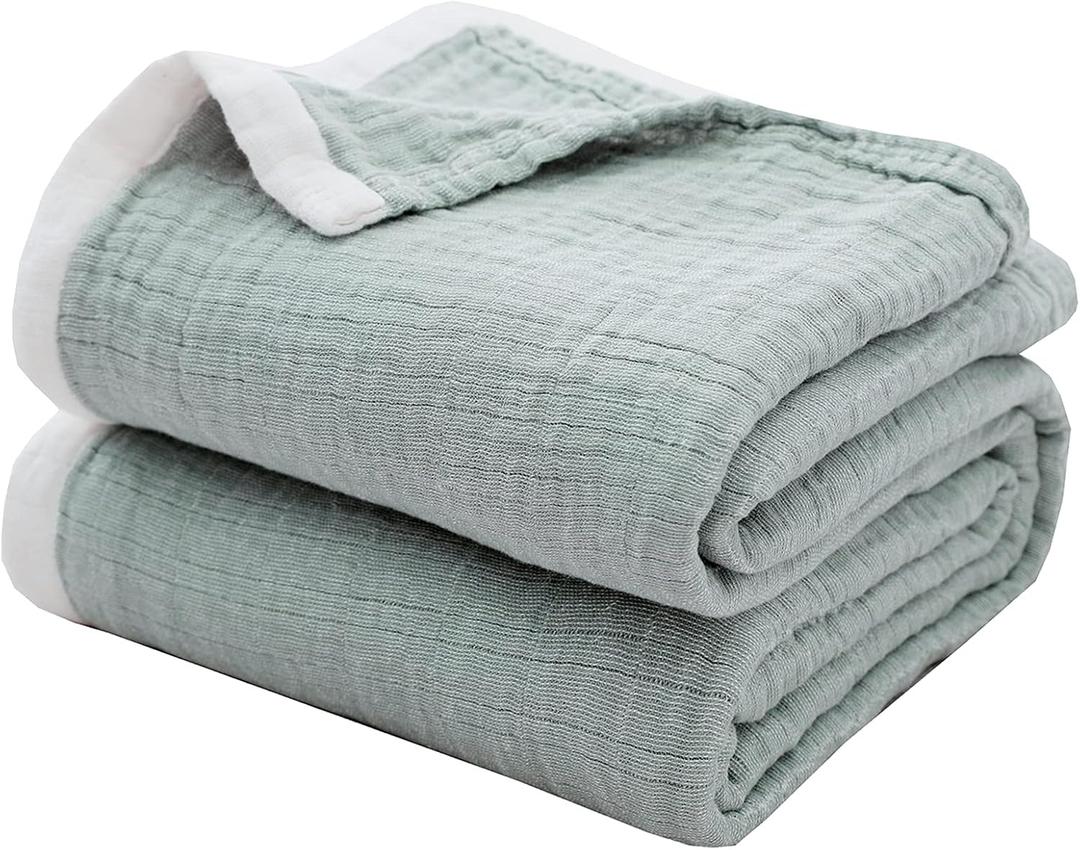 SE SOFTEXLY Cotton Muslin Blankets 4-Layer Linen Texture Blankets for Bed Couch,Thermal Blanket for Adults Lightweight Soft Breathable Throw Blanket for All Season Gauze Blanket(50"x60",Sage Green)
