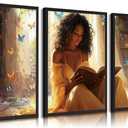 3pcs Black Girl Reading Books Canvas Wall Art Colorful Book Butterflies Posters Prints African American Girl Wall Decor Pictures For Living Room Bedroom Study Reading Room Home Decoration Unframed
