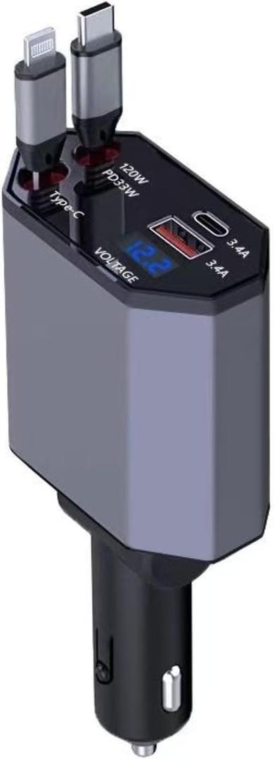 XSEYESX Retractable Car Charger, 120W 4-in-1 PD33W and QC3.0 Ultra Fast Charging car Phone Charger, with 2.6ft Fast Charging Cable, Suitable for iPhone 1716, 15, 14, 13, 12 Pro Max