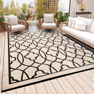 Pendolr Reversible Mats - Outdoor Rugs 9'x12' for Patios Clearance, Plastic Straw Rugs Waterproof, Portable, Outdoor RV Camping Rug, Garden, Balcony, Picnic, Beach, Camping(Black & Beige) (9' x 12' (Rectangular))