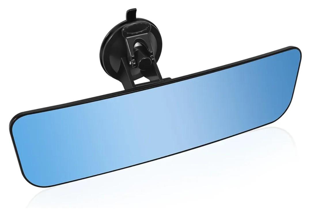 12'' Large Anti Glare Rear View Mirror with Suction Cup, Stick on Universal Frameless Inside Rearview Blue Mirror with Parabolic Wide Angle Mounted on Windshield for Car Marine Auto Boat Truck SUV Van