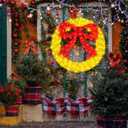 Outdoor Christmas Wreath Decoration - 36" Bright LED Christmas Wreath Lights with Bow, Large Lighted Christmas Wreaths Window Lights for Wall, Windows, Front Door Decor, Red Bow - Gold Wreath