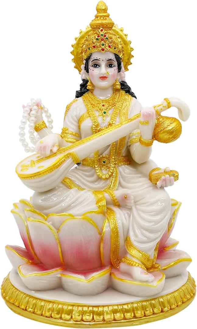 Big Hindu Goddess Saraswati Statue - 8.7H Marble Look Indian Idol Saraswati Figurine India Diwali Murti Pooja Sculpture Home Office Temple Mandir Puja Item Altar Shrine Spiritual Decor
