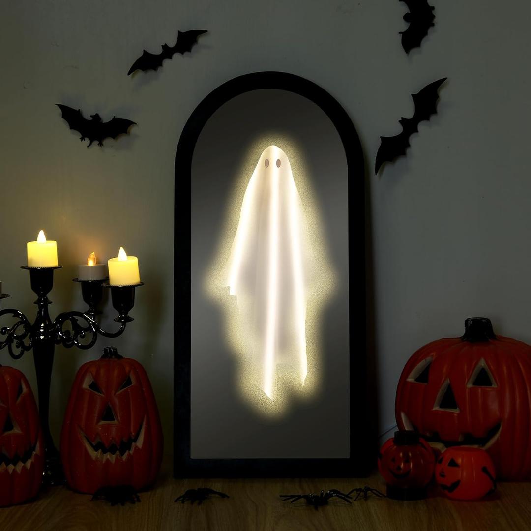 Chunful 2025 Halloween Ghost Mirror - 20" x 9.5" Hologram Ghost Mirror LED Haunted Spooky Decoration with Creepy Eyes for Halloween Wall Mantel, Indoor, Haunted House Decor(Chic Style)
