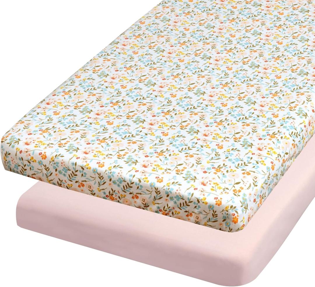 Baby Bassinet Sheets Girls, Cotton Bassinet Sheets Rectangle, 2 pc Bassinet Mattress Sheets, 32"x16" Compatible with Baby Delight Beside Me Dreamer Bassinet, Bedside Bassinet Sheet (Floral + Pink)