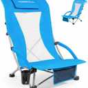 Low Beach Chairs for Adults with High Back, Support 400LBS | Portable Beach Chair with 3-Position Adjustable Upper Backrest, Neck Support & Cup Holder for Beach, Caming, Ocean Blue