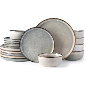 GBHOME Ceramic Dinnerware Sets for 6, 18 Pieces Stoneware Plates and Bowls Sets, Reactive Glaze Dishes -Scratch Resistant, Dishwasher&Microwave Safe, Green Wheat