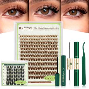 KEYYOU Brown Flaunt Lash Clusters Kit - Flora Volume D Curl Manga 8-16mm Spikes Lash Extension Kit Includes Bonus Bunny Black Lashes with Bond and Seal, Remover & Applicator for DIY at Home(CoCoa03)