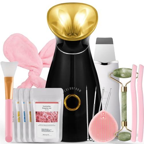 Colorfarm Facial Steamer Nano Ionic: Face Steamer Home Spa Kit Deep Cleaning Unclogs Pores Sinuses Inhaler with 8 Skin Care Tools - Relaxing Self Care Skincare Beauty Gifts for Women (Black Gold)