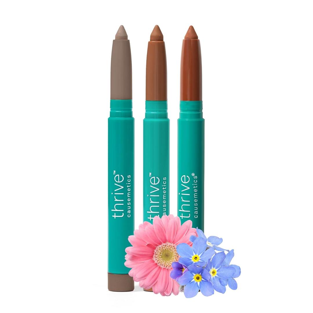 Thrive Causemetics Brilliant Eye Brightener Matte Classic Eyeshadow Stick Bundle, 3 Shades, Waterproof & Crease Proof Cream to Powder Long Lasting Formula, 3 Shadow Sticks & Confetti Makeup Bag