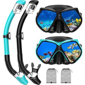 Snorkeling Gear for Adults, Snorkel Set Scuba Diving mask Dry-Top, Adult Swimming Goggles w/Nose Cover, HD Tempered Glass Panoramic Anti-Leak Anti-Fog, Travel Snorkeling Packages (Black+Green)