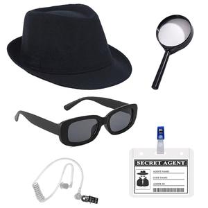 WETEPUXI 5 Pcs Detective Costume Set Secret Agent Cosplay Outfit Accessories Kit Includes Detective Hat Sunglasses Earpiece Magnifying Glass