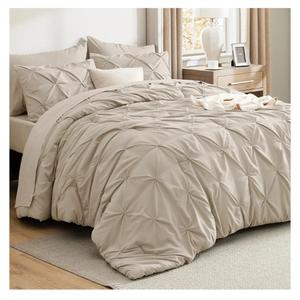Bedsure Queen Comforter Set Beige - Bed in a Bag Queen Size Bedding 7 Pieces, GentleSoft™ Pintuck Bed Set Gift for Family, Pinch Pleat All Season Comforter with Sheets, Pillowcases & Shams