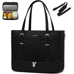 LOVEVOOK Lunch Tote Bag for Women, 15.6 Inch Laptop Work Bag With Lunch Compartment & Large Cup Holder, Lightweight Work Briefcase for Travel, Bussiness, Teacher (Black)