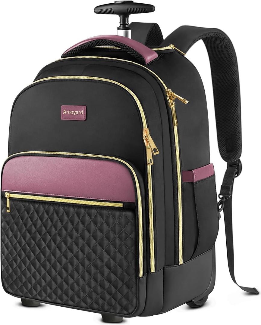 Arcoyard Rolling Backpack for Women, 17 Inch Laptop Backpack With Wheels for Adults, Large Water Resistant Wheeled Carry On Luggage Roller Bag, Flight Approved for Work, Travel, College, Black Purple