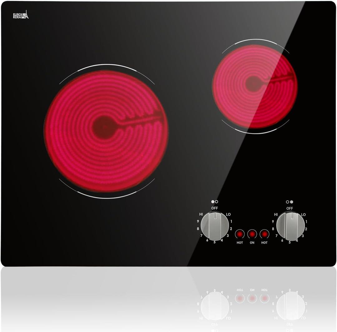 Electric Cooktop 2 Burner, 21 Inch Double Electric Stove Top Mechanical Knob Control Built-in 3700W Large Ceramic Stove Top, 9 Heating Level, 220-240V, Hard Wired, Overheating Protection