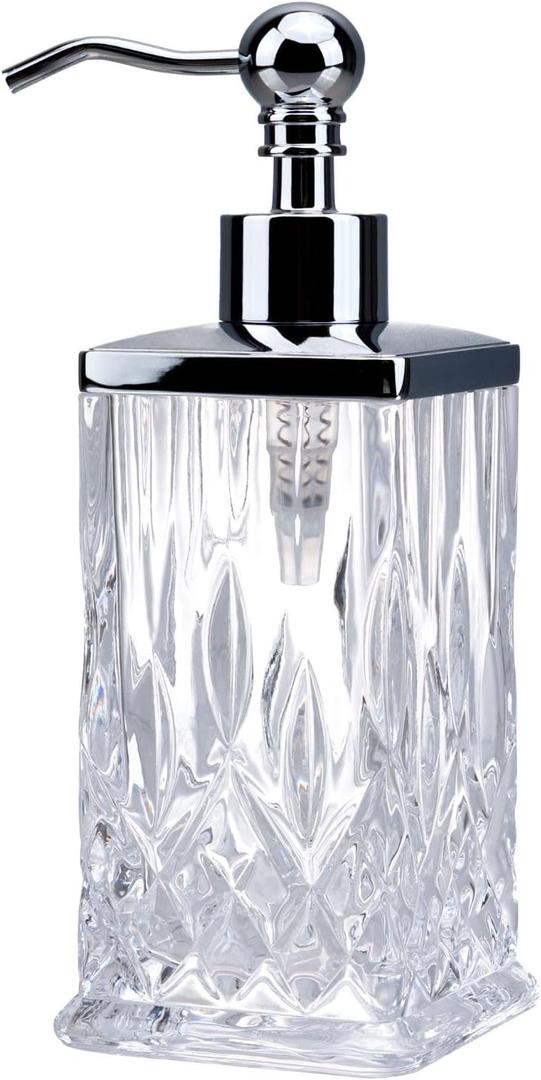 10Oz Clear Glass Soap Dispenser with Silver Pump,Lead-Free Thick-Cut Glass,Countertop Soap Dispensers for Bathroom & Kitchen,Square