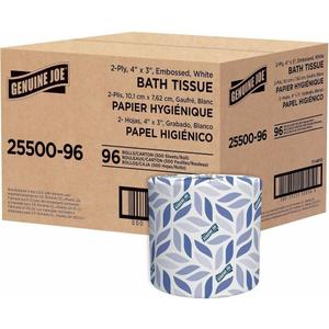 Genuine Joe Standard Bath Tissue, 2-Ply, 3.5" x 4", 500 Sheets, Pack of 96, 3.5" x 4", 500 Count