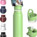 LISI 40oz Insulated Water Bottle, Double Wall Stainless Steel Water Bottles with Straw, 100% Leak-Proof Travel Thermal Canteen Mug with 2 Lids (Straw, Phone Holder Lid) (Key Lime)