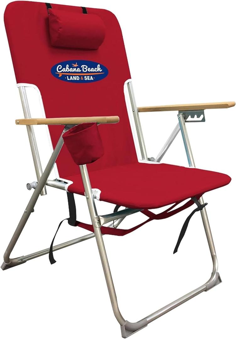 Cabana Beach Folding Beach Chair, 4 Position Portable Backpack Foldable Camping Accessories with Headrest, Cup Holder, and Wooden Armrests, Tango Red