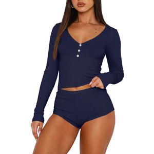 REVETRO Fall Womens 2 Piece Pajama Sets Sexy PJ Shorts Y2k V Neck Long Sleeve Lounge Set Sleepwear with Button Down (Medium)