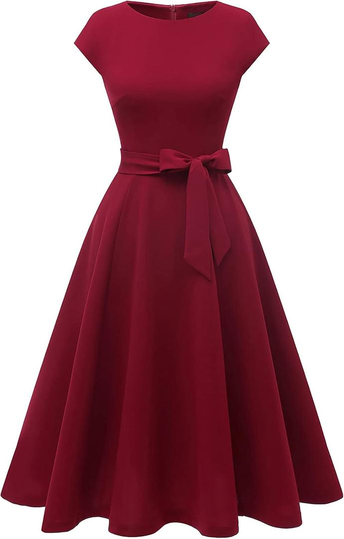 DRESSTELLS Women's Cocktail Dresses, Formal Wedding Guest Modest Church Vintage Tea Party Midi Evening Dress (Large, Burgundy)