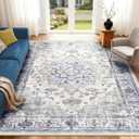 Machine Washable Rugs Nursery Rug 6x9 Cute Girl Non Slip Low Pile Water Repellent Soft Print Pattern for Bedroom Indoor Decor Kids Playroom Blue white