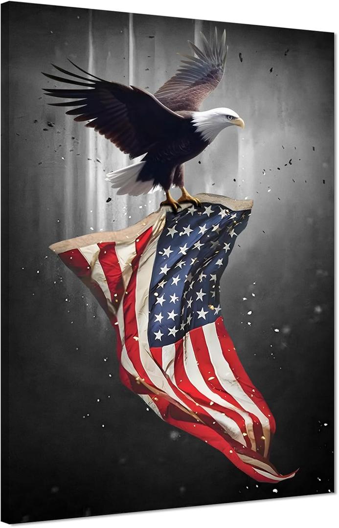 Large Wall Art for Living Room - American Flag with Bald Eagle Wall Art Patriotic Pictures Wall Decor US Flag Canvas Print Military Painting Modern Artwork Framed for Home Office Decoration, 28x44 in