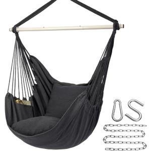 Y- Stop Hammock Chair Hanging Rope Swing Chair, Max 500 Lbs, 2 Seat Cushions Included, Removable Steel Spreader Bar with Anti-Slip Rings, Hardware kit-for Indoor or Outdoor(Dark Grey)
