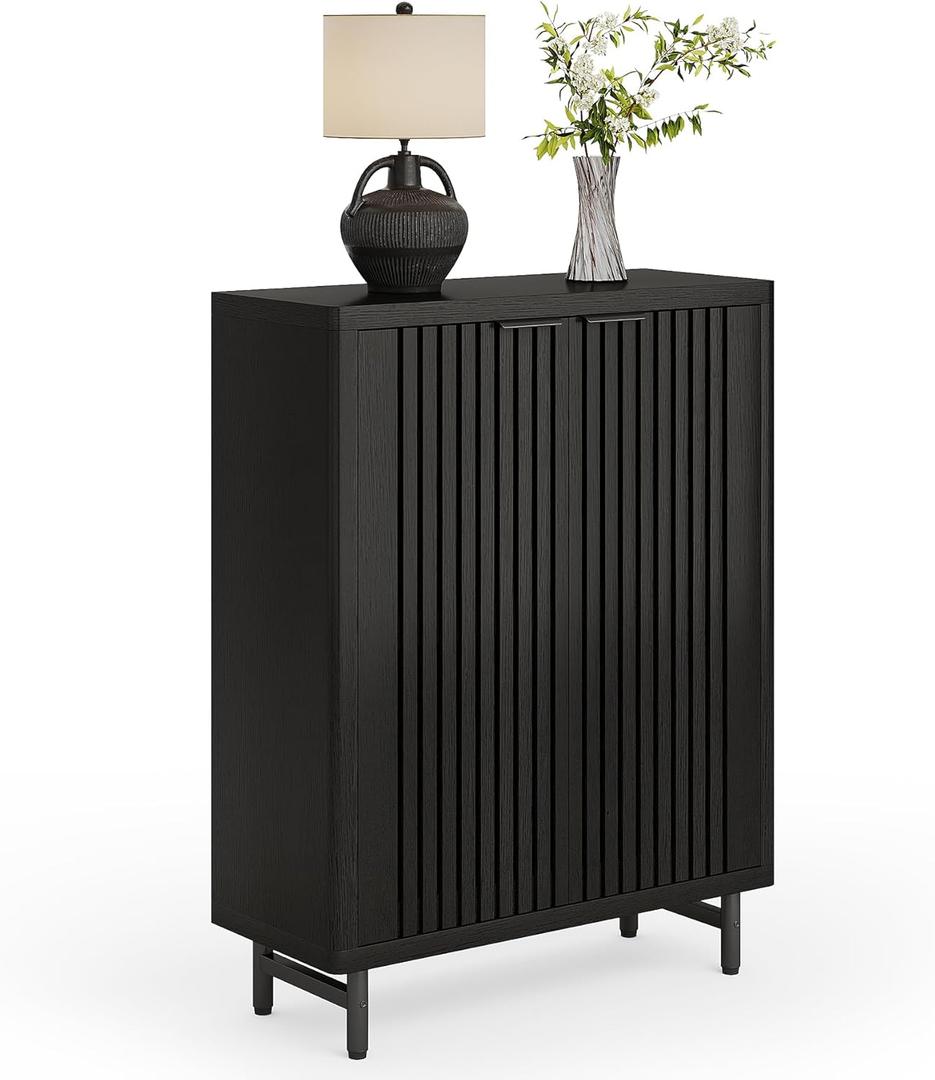 LITTLE TREE 6-Tier Shoe Cabinet with Doors for Up to 24 Pairs, Large Wooden Shoe Storage Cabinet with Adjustable Shelves, Black Freestanding Shoe Organizer Cabinet for Entryway, Hallway