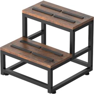 LIANTRAL 2 Step Stool for Adults Kids, Heavy Duty Sturdy Steel Frame with Wooden Steps, Bedside Foot Stool with 500lbs Load Capacity, Non-Slip Step Stool for High Bed, Kitchen, RV Step - Rustic Brown