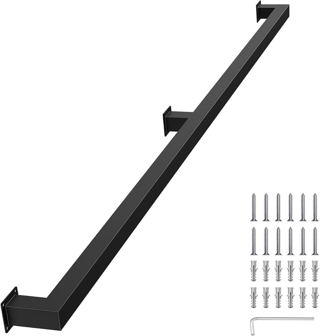6 Feet Black Metal Handrail for Indoor Stairs  Sturdy Wall Mounted Stair Railing,Staircase Handrails 440lbs Load, Non-Slip Square Tube Hand Rails for Indoor Stairs, Industrial Pipe Stair Railing