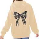 Girl's Bow Camo Graphic Hoodies Long Sleeve Hooded Sweatshirt Preppy Cute Pullover Tops (Apricot)