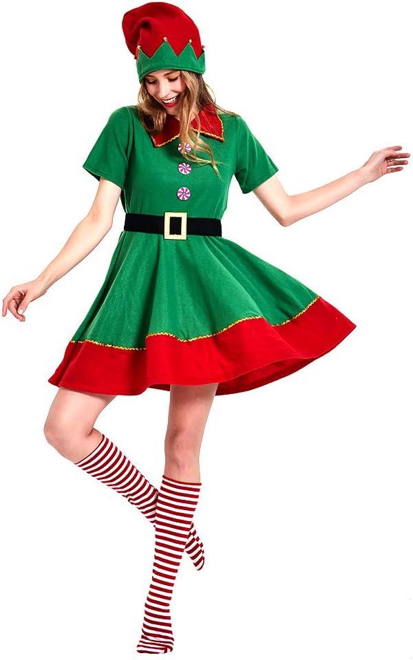 Women's Holiday Christmas Elf Costume Dress With Hat Sock Elf Costume for Women (Small)