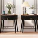 OIOG Side Tables Set of 2, Round Nightstand with Drawer, Modern Bedside End Tables for Small Space, Living Room, Bedroom, Office, Dorm, Rustic Brown and Black, 22.64 inches x 19.69 inches x 20.63 inches