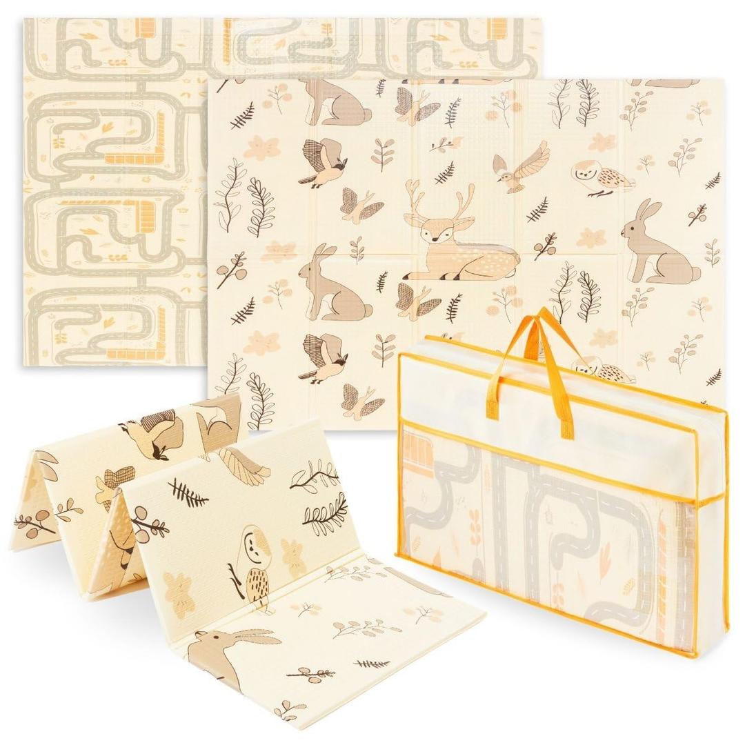 Baby Floor Play Mat Foldable 70.9" x 47.2" x 0.4", Non-Slip Waterproof Foam Play Mat for Kids, Toddlers and Babies, Reversible Design - Forest and City Streets Theme, Easy Storage and Travel